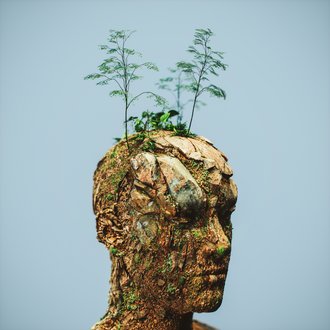 Pflanzen und Bäume wachsen aus einem Kopf der aus Erde geformt wurde.